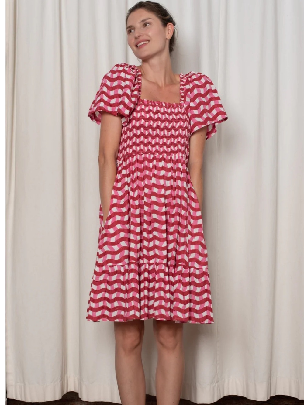 Ophelia & Indigo Delilah Smocked Pink Red Zig Zag Dress